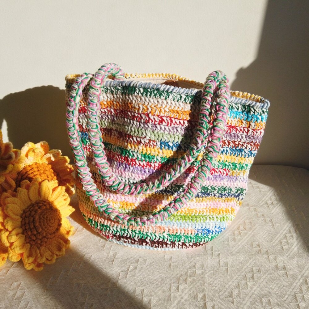 Handmade Crochet Hand-Mixed Yarn Tote Bag